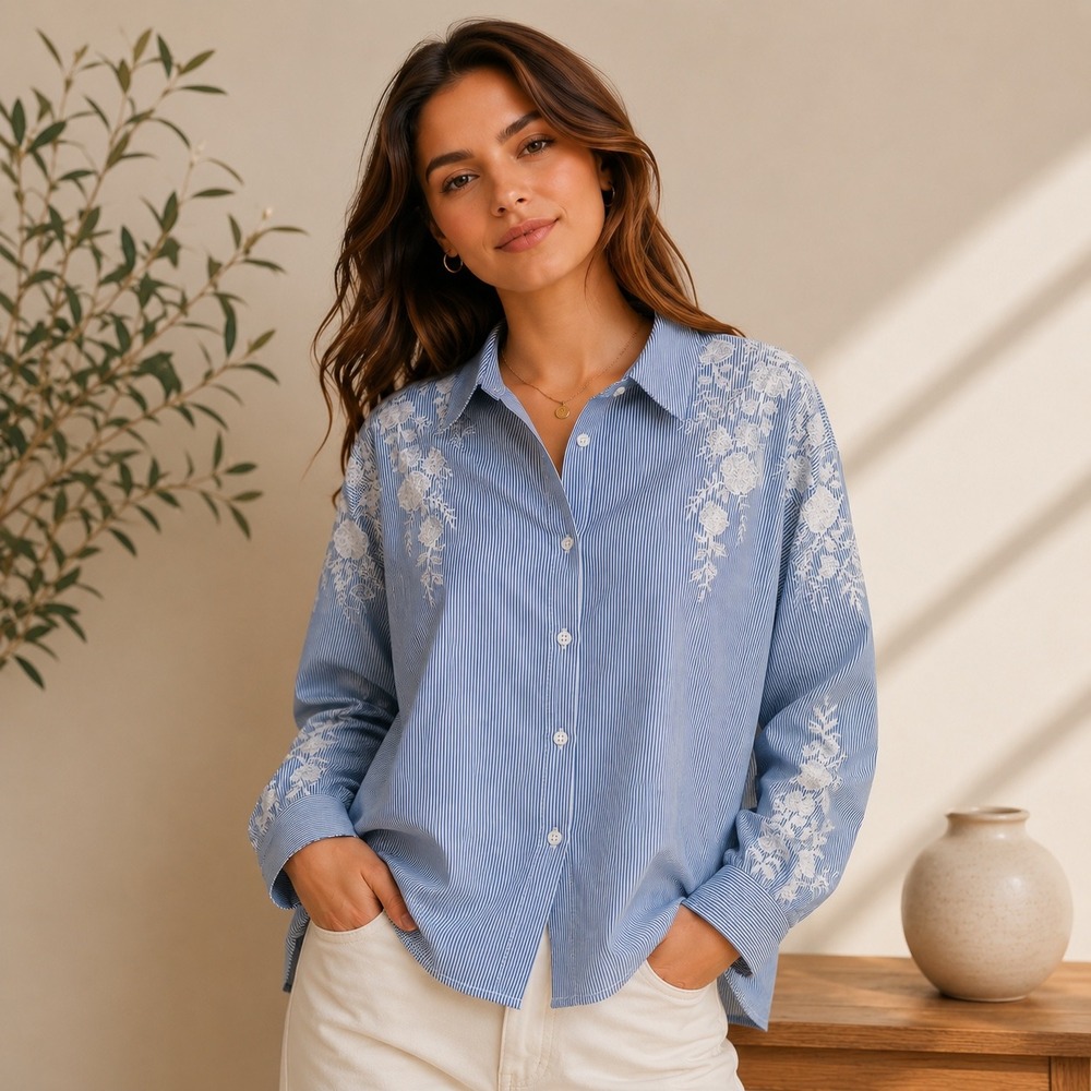 Christian Lacroix Womens Button Down Blue Pinstripe Floral Embroidered Preppy L
